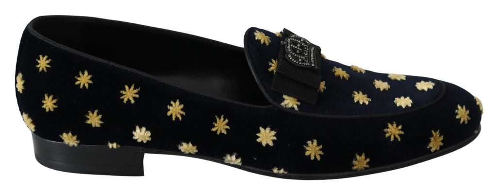Pantoufles Dolce & Gabbana Blue Velvet Crown en velours avec détails élégants, chaussures confortables et luxueuses.