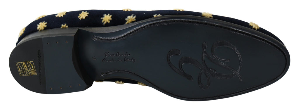 Chaussures Dolce & Gabbana Crown en velours bleu, slippers masculins élégants avec motif ornemental sur le dessus.