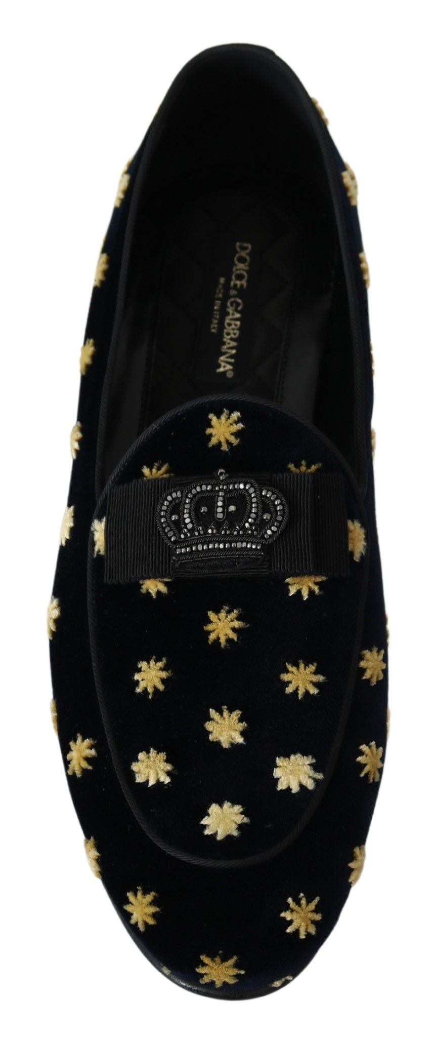 Mocassins en velours bleu Dolce & Gabbana avec couronne élégante, chaussures de style loafers pour femme.