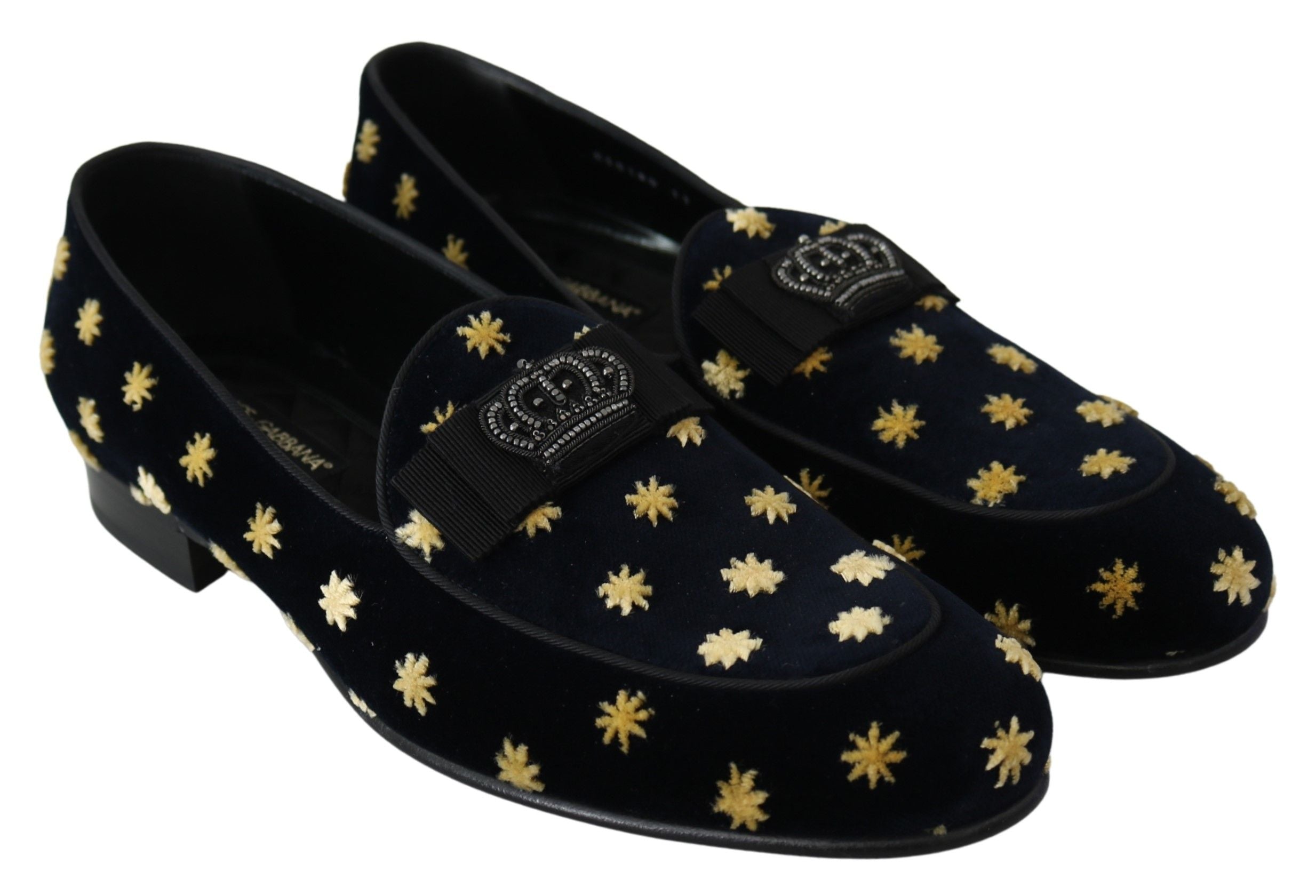 Chaussures Dolce & Gabbana Loafers en velours bleu avec couronne, pantoufles élégantes pour homme.