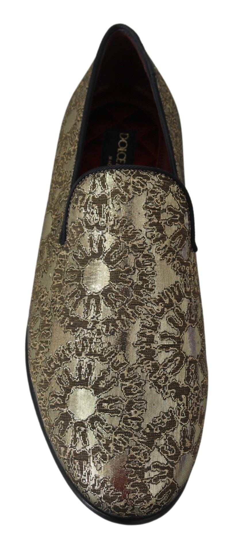 Chaussures hommes Dolce & Gabbana, mocassins en jacquard doré, élégants et confortables, finition raffinée.