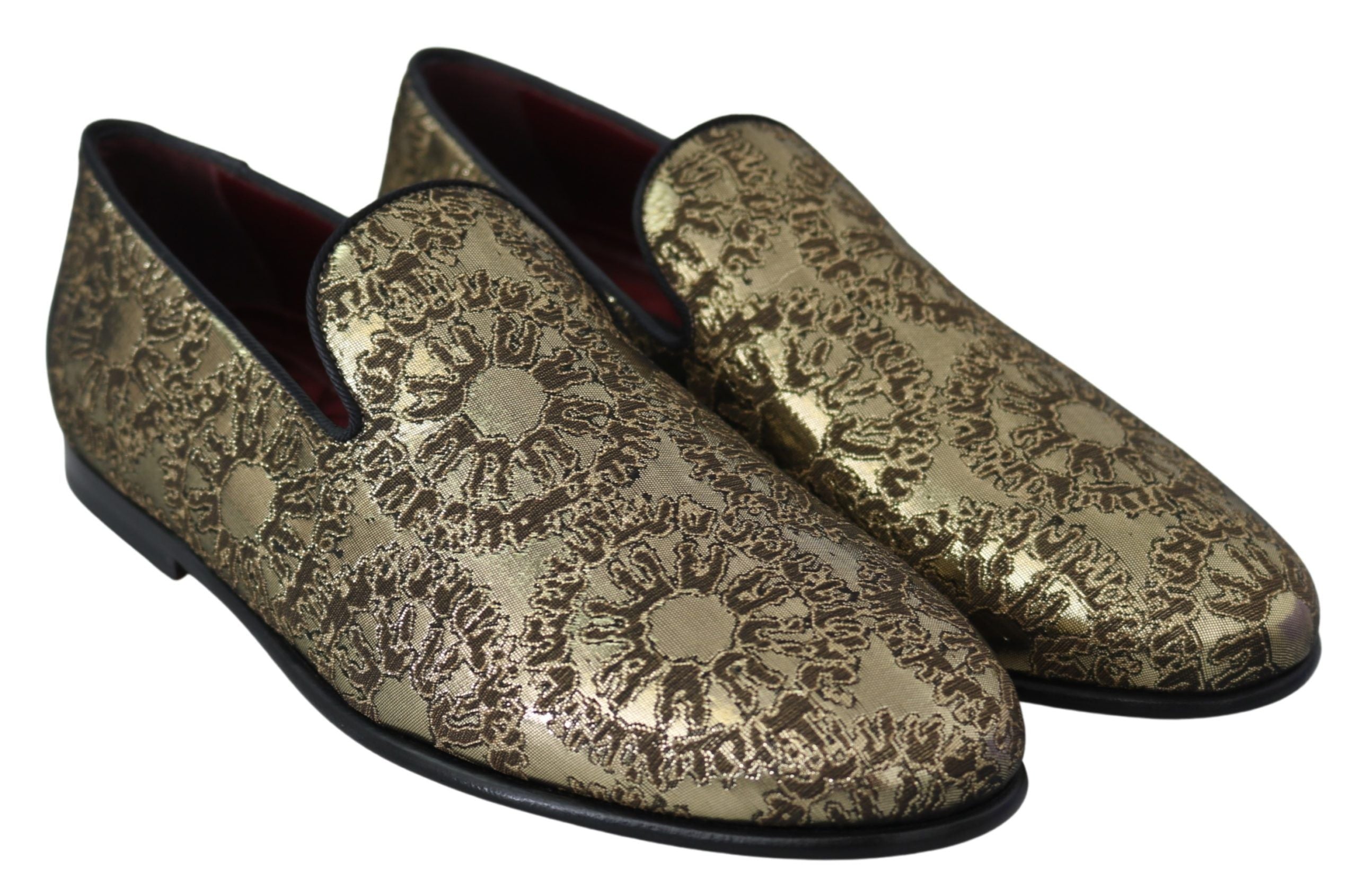 Chaussures hommes Dolce & Gabbana en jacquard doré, mocassins plats élégants, vue de face.