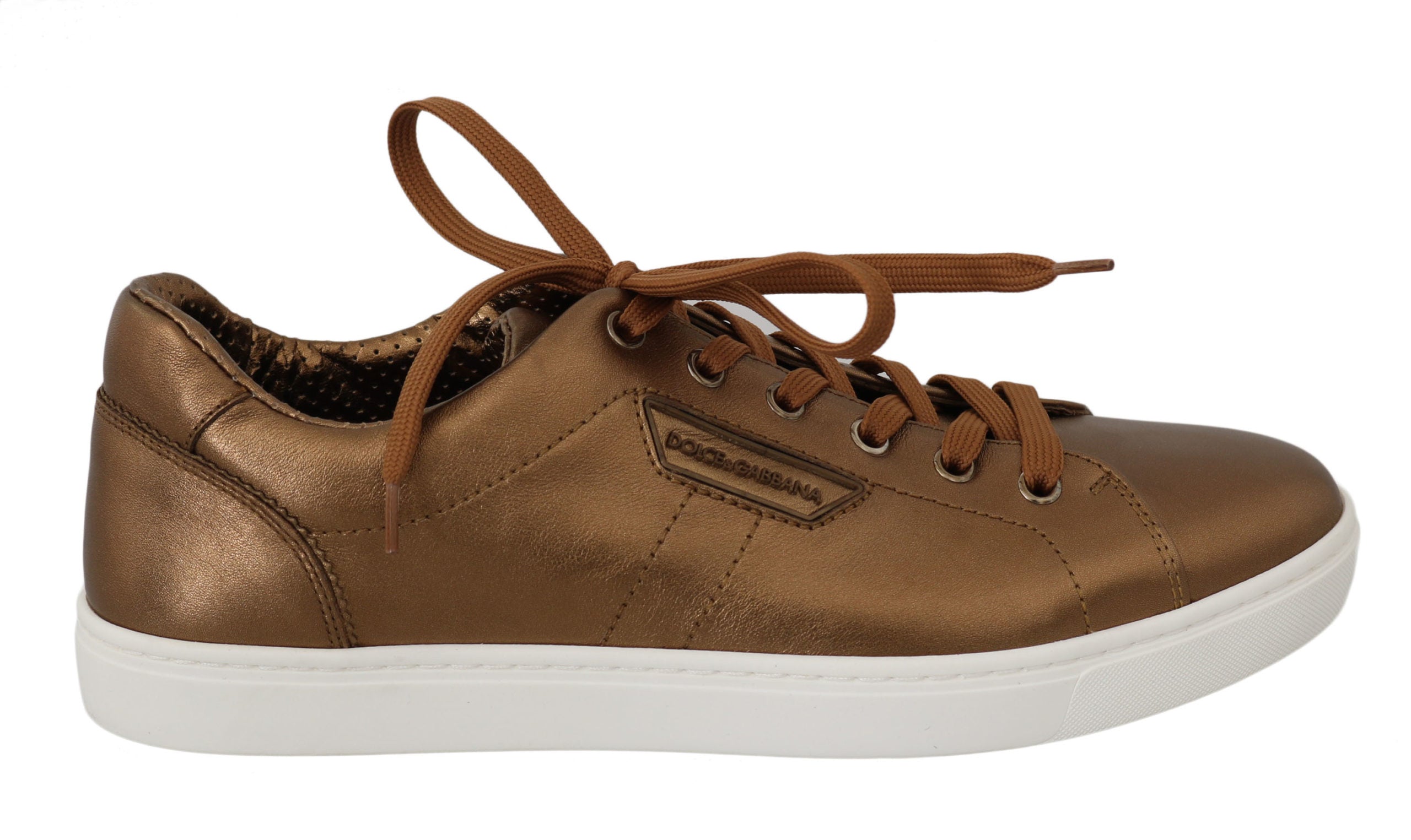 Chaussures décontractées en cuir doré pour hommes de Dolce & Gabbana, sneakers élégants et confortables.