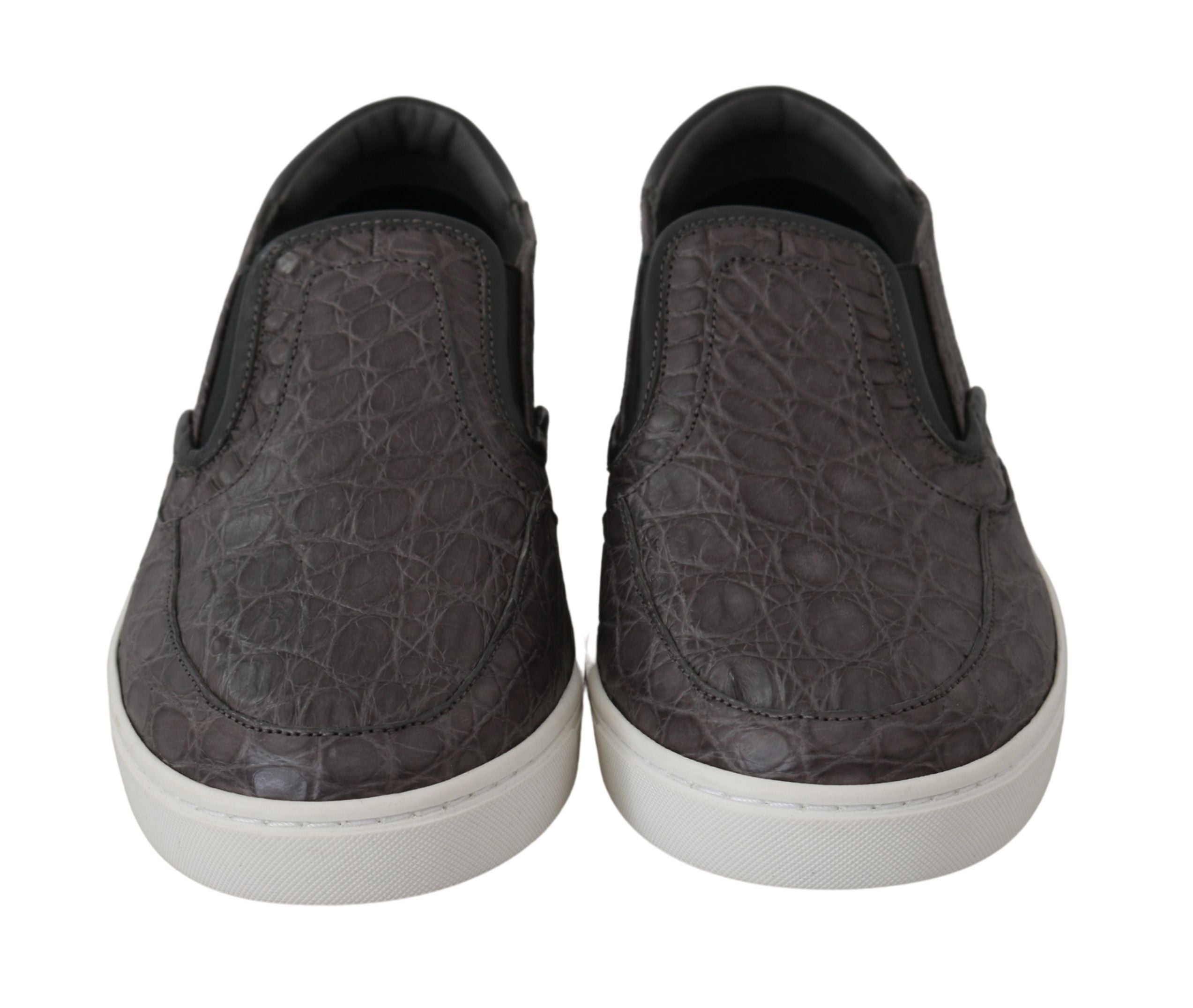 Chaussures mocassins pour homme Dolce & Gabbana en cuir gris avec motif caïman, style élégant et confortable.