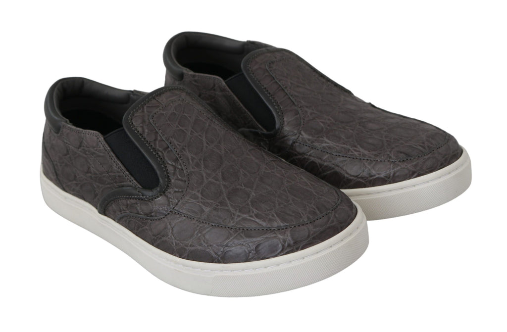Chaussures mocassins homme en cuir gris Dolce & Gabbana avec détails en caïman, élégantes et confortables.