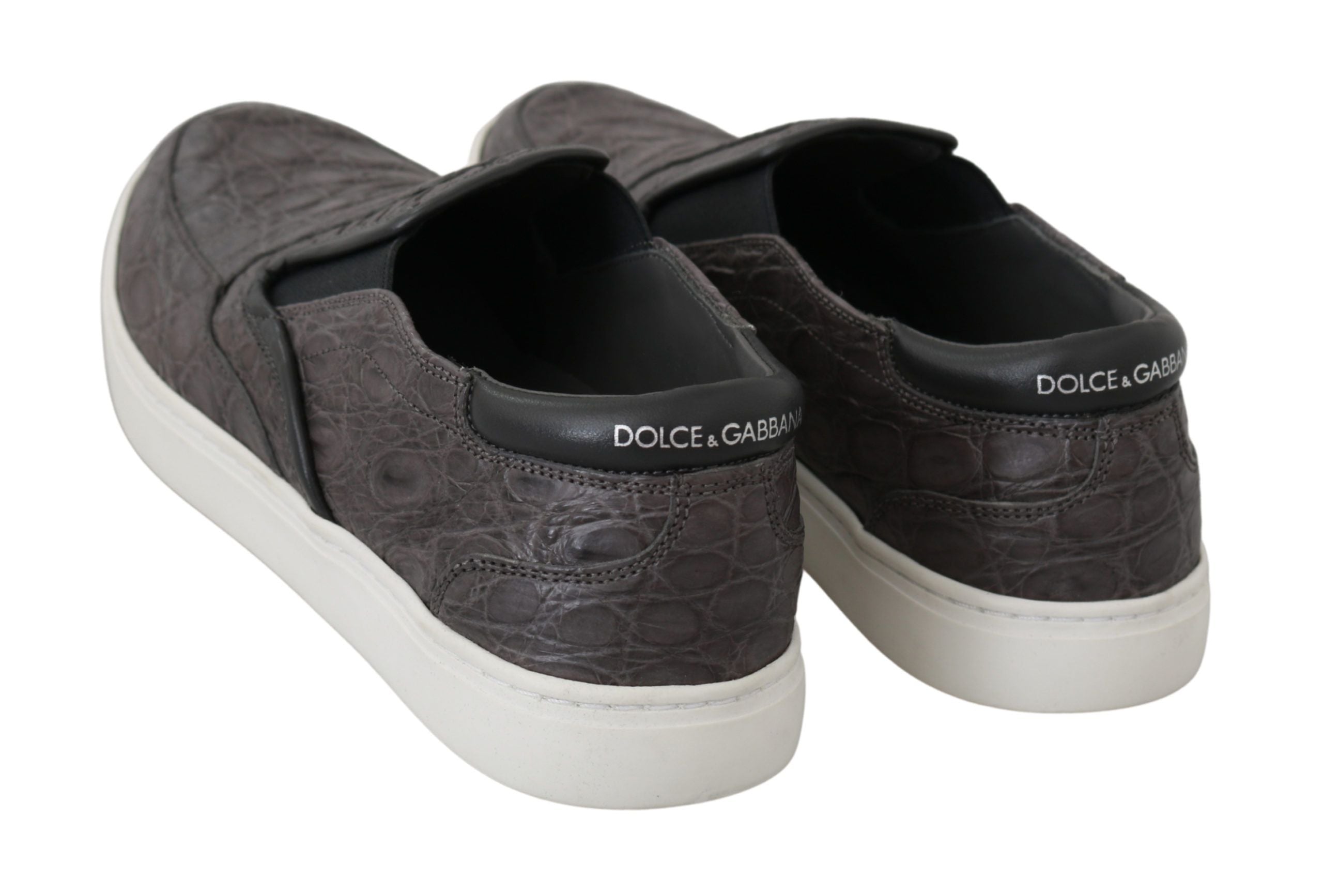 Chaussures classiques pour hommes Dolce & Gabbana, mocassins en cuir gris avec motif caïman, style élégant et moderne.