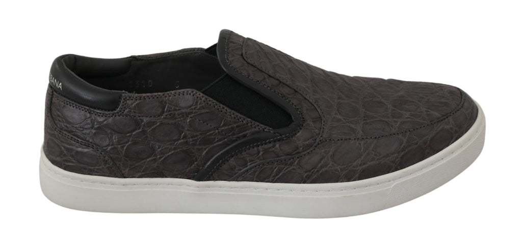 Chaussures mocassins en cuir gris Dolce & Gabbana pour hommes, style plat avec détails en caïman.