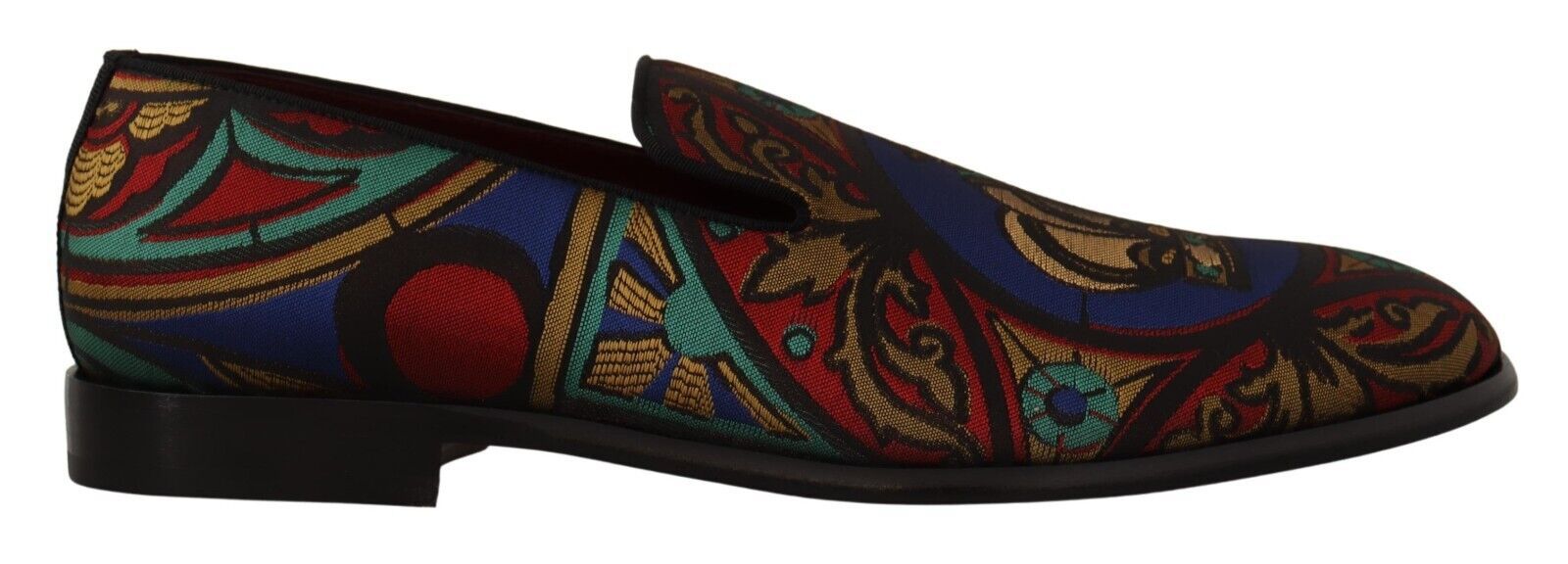 Chaussures slippers Dolce & Gabbana en jacquard multicolore avec motif de couronne, élégantes et confortables.