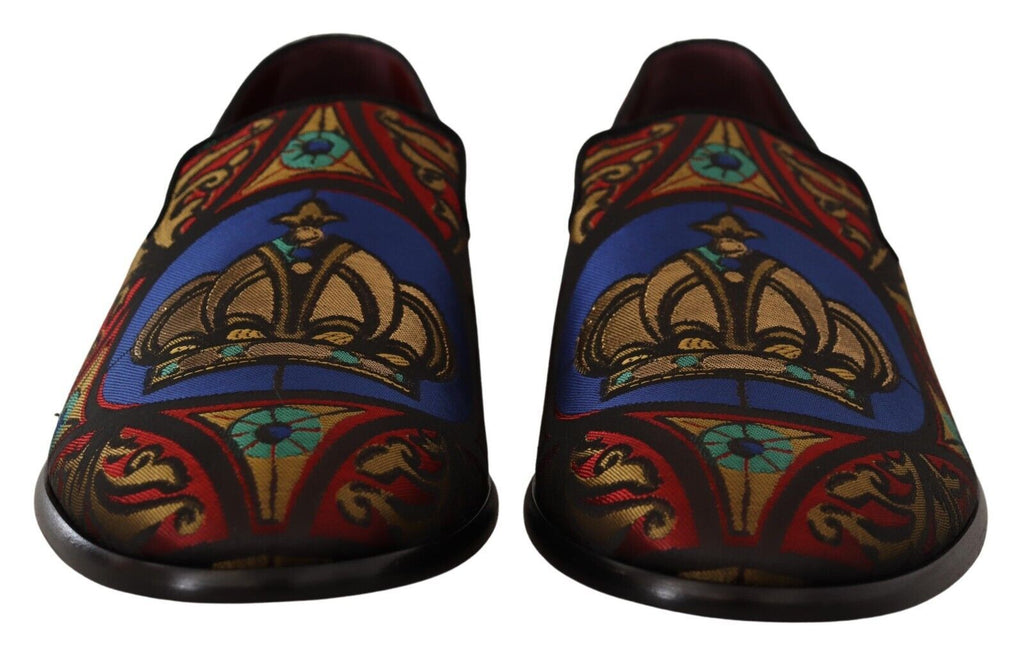 Chaussures slippers Dolce & Gabbana en jacquard multicolore avec motif couronne, élégantes et confortables pour homme.