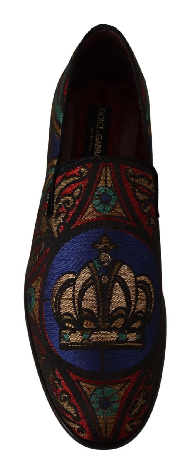 Pantoufles Dolce & Gabbana en jacquard multicolore avec motif de couronne, chaussures de loafers élégantes.