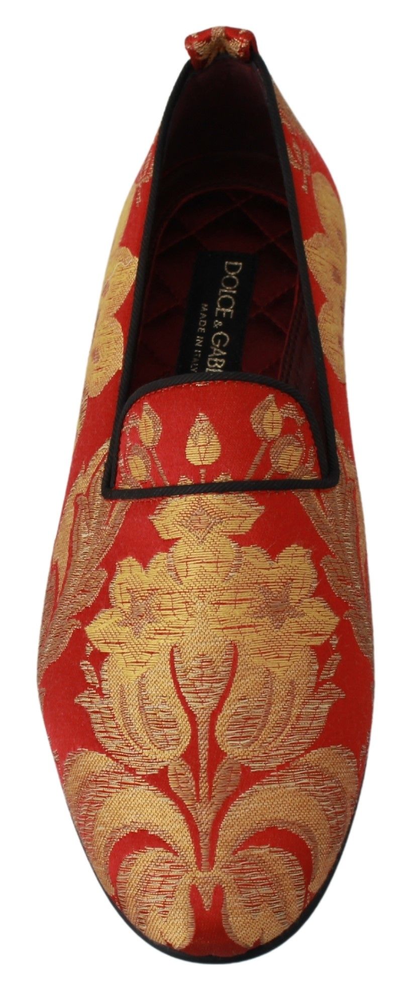 Chaussures mocassins Dolce & Gabbana en brocart rouge et or, élégantes slippers en tissu brodé pour femme.