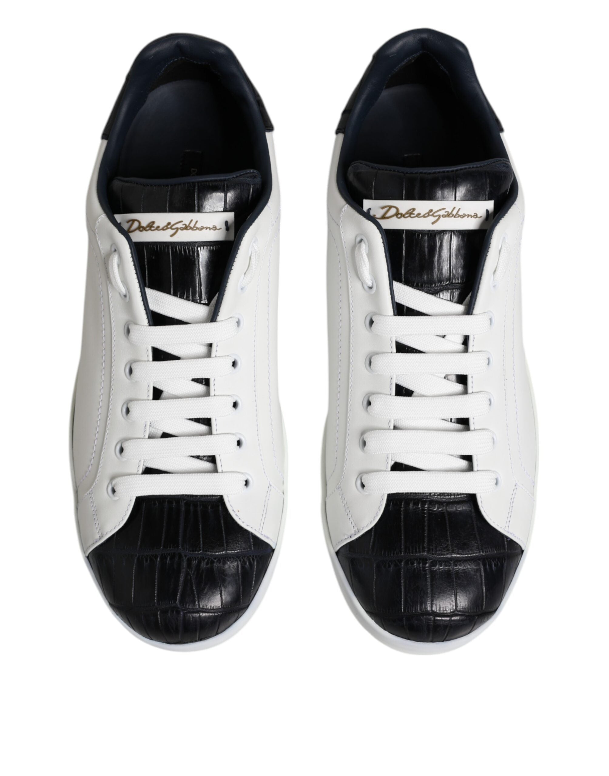 Chaussures portofino en cuir blanc et noir Dolce & Gabbana, baskets élégantes avec détails en cuir et semelle blanche.