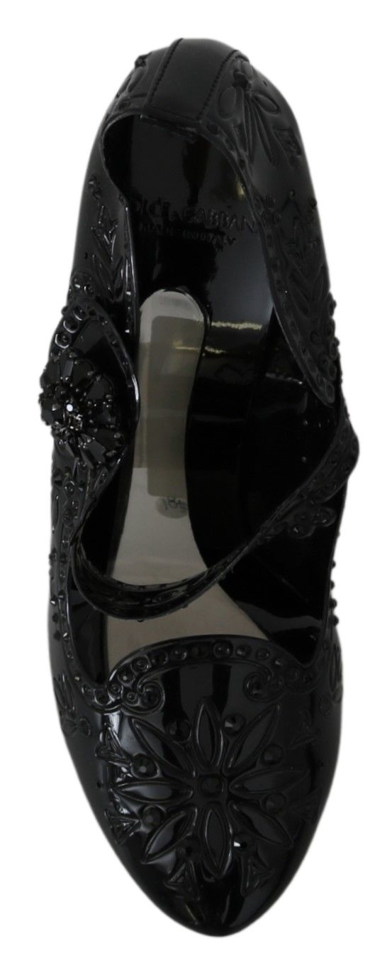 Escarpins noirs Dolce & Gabbana avec motifs floraux et détails en cristal, modèle Cinderella, vue de côté.