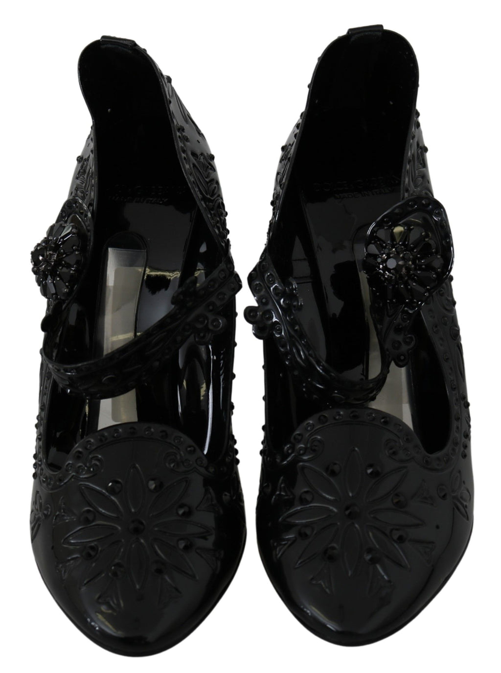Chaussures à talons noires Dolce & Gabbana Cinderella avec motifs floraux et cristaux, vue de côté.