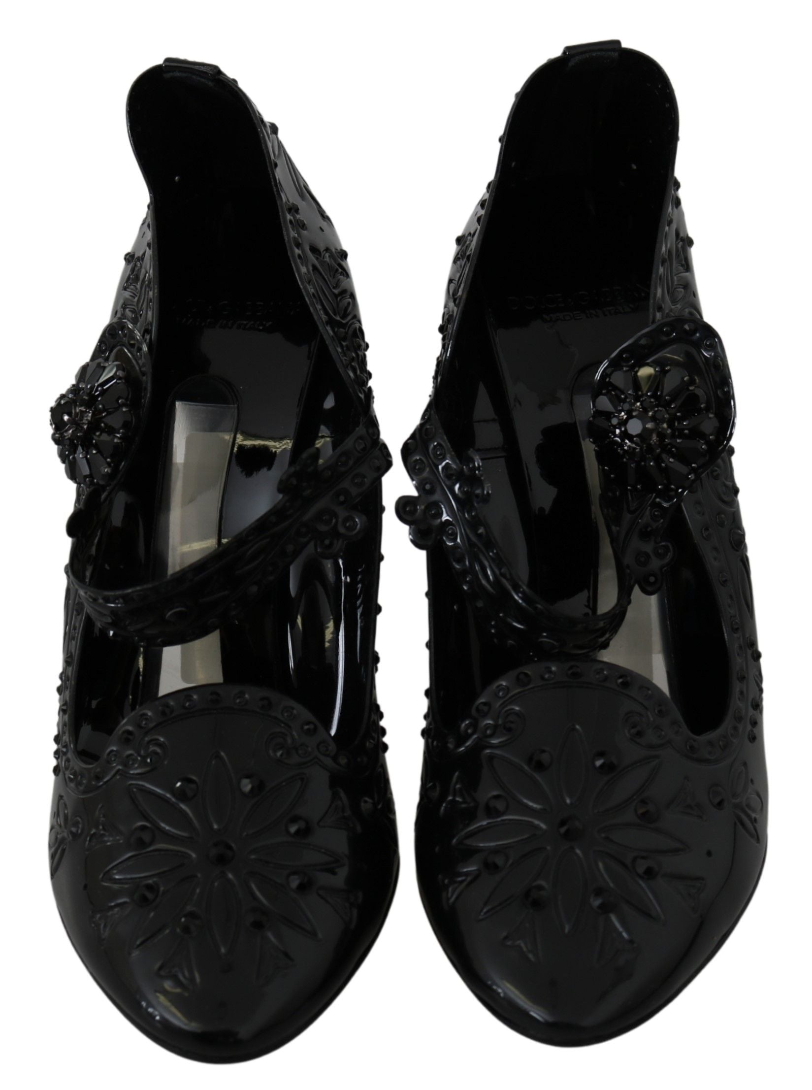 Chaussures à talons noires Dolce & Gabbana Cinderella avec motifs floraux et cristaux, vue de côté.