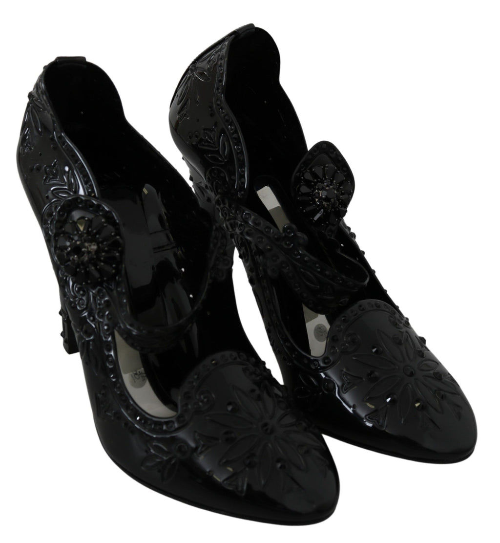 Chaussures à talons noires Dolce & Gabbana Cinderella avec motifs floraux en cristaux, vue de côté.