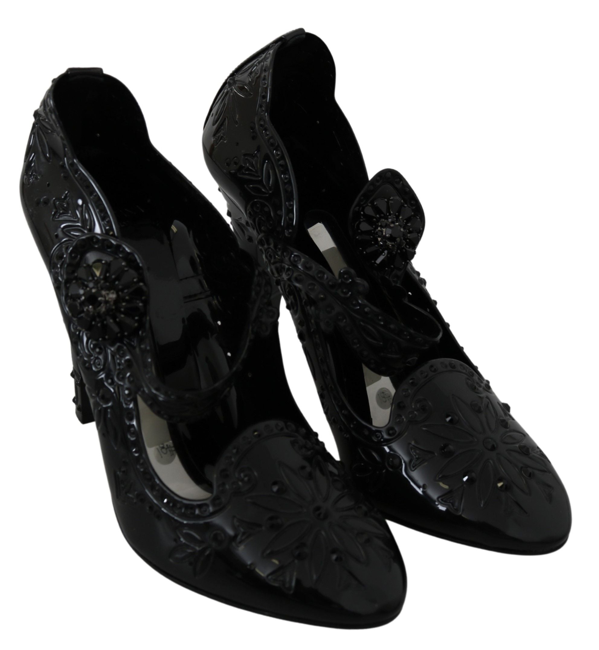 Chaussures à talons noires Dolce & Gabbana Cinderella avec motifs floraux en cristaux, vue de côté.