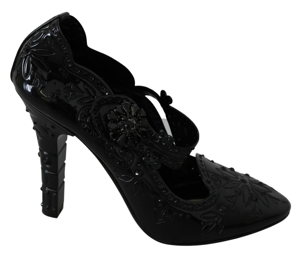 Chaussures Dolce & Gabbana Cendrillon noires à fleurs florales et cristaux, talons élégants pour femmes.