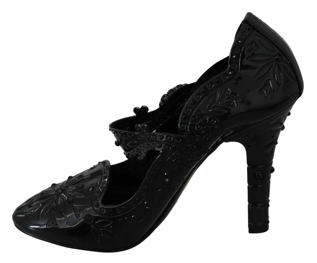 Chaussures à talons noires Dolce & Gabbana Cinderella avec motifs floraux et cristaux, vue de côté.