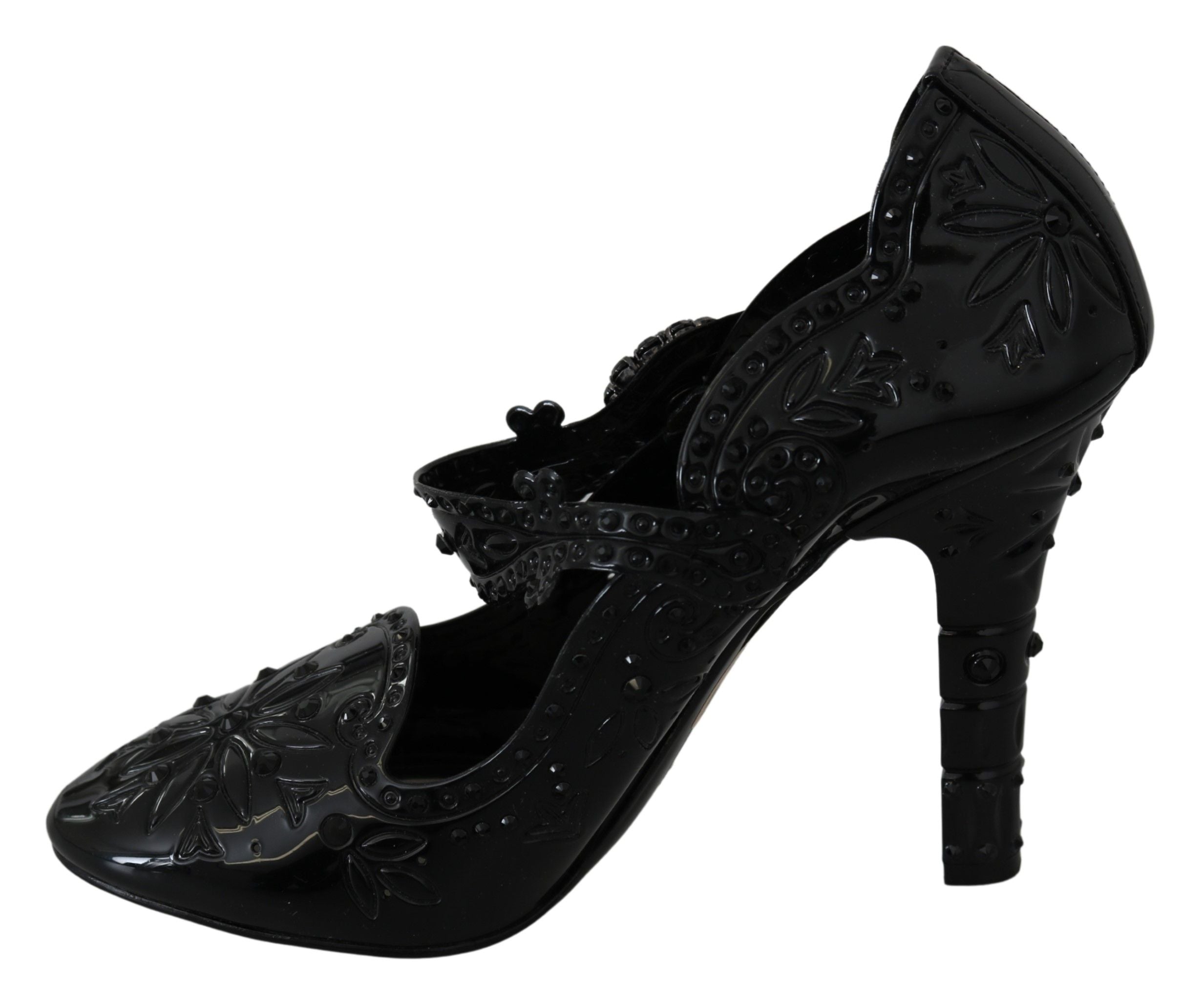 Chaussures à talons noires Dolce & Gabbana Cinderella avec motifs floraux et cristaux, vue de côté.