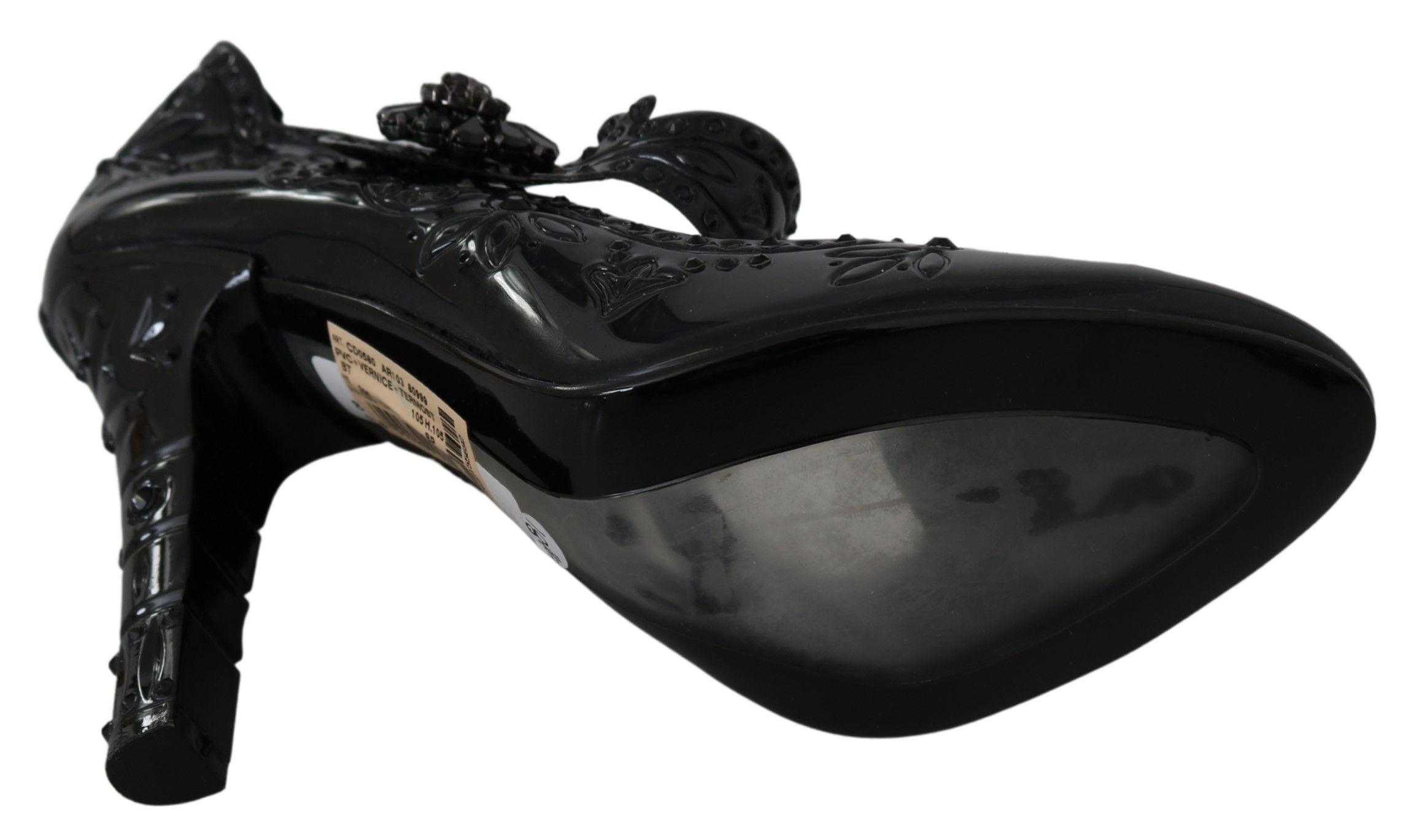 Chaussures à talons noires Dolce & Gabbana Cinderella avec motifs floraux et cristaux, vue de côté sur fond blanc.