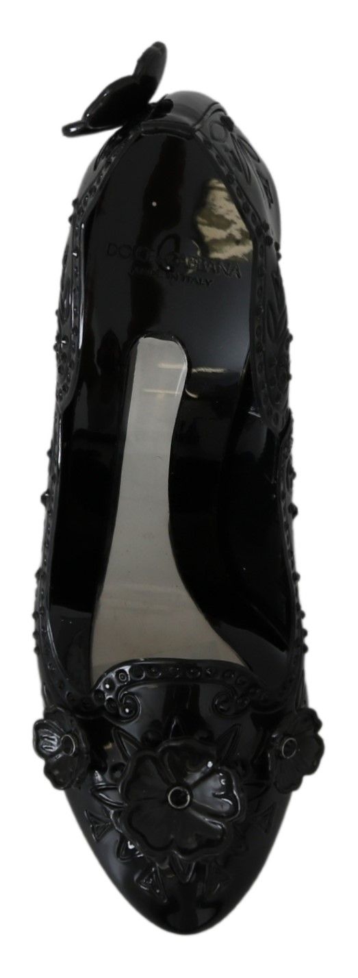 Escarpins noirs Dolce & Gabbana CINDERELLA avec fleurs florales et cristaux, chaussures élégantes pour femmes.