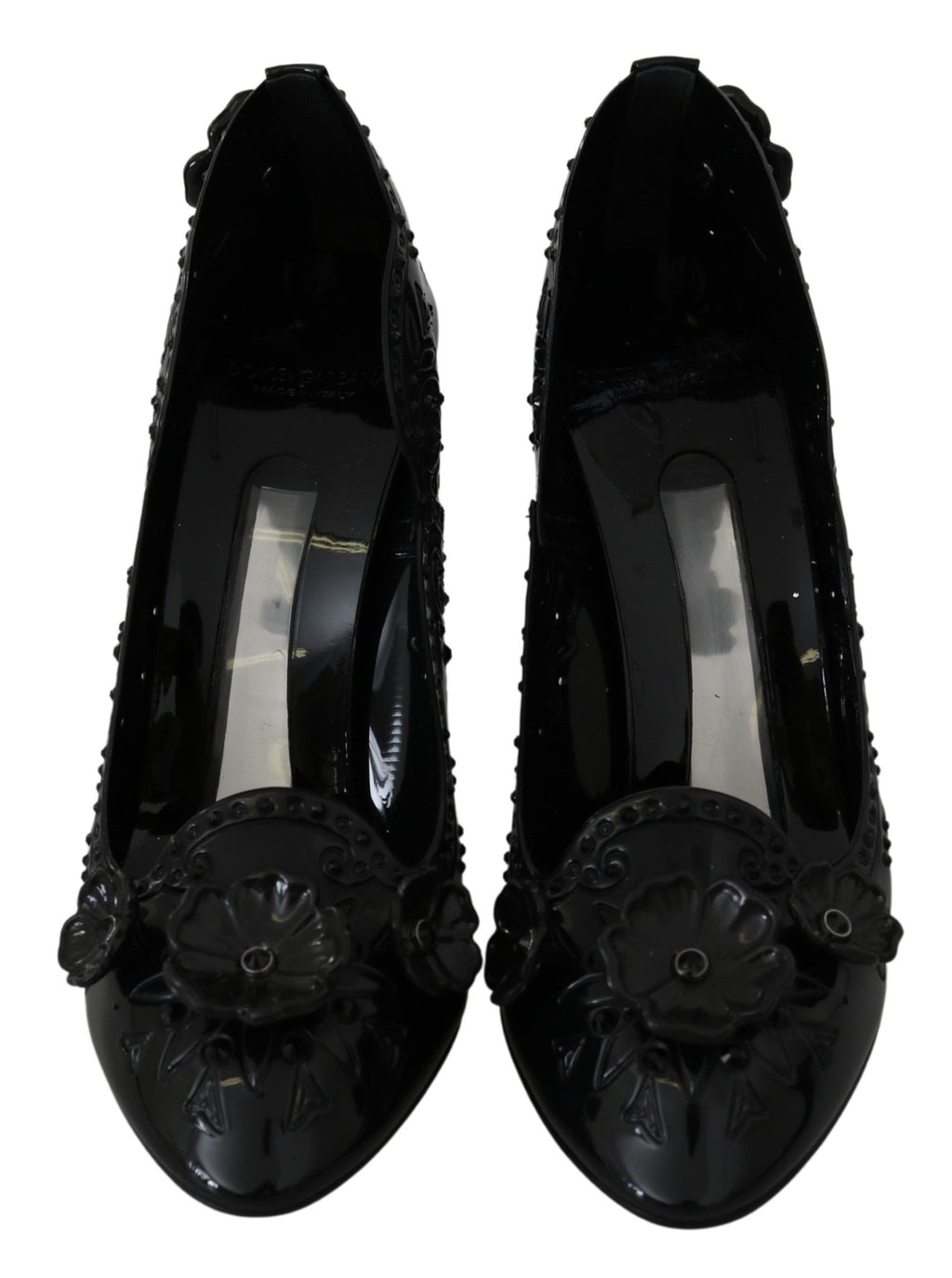 Chaussures à talons noires Dolce & Gabbana Cinderella avec motifs floraux et cristaux, élégantes et sophistiquées.