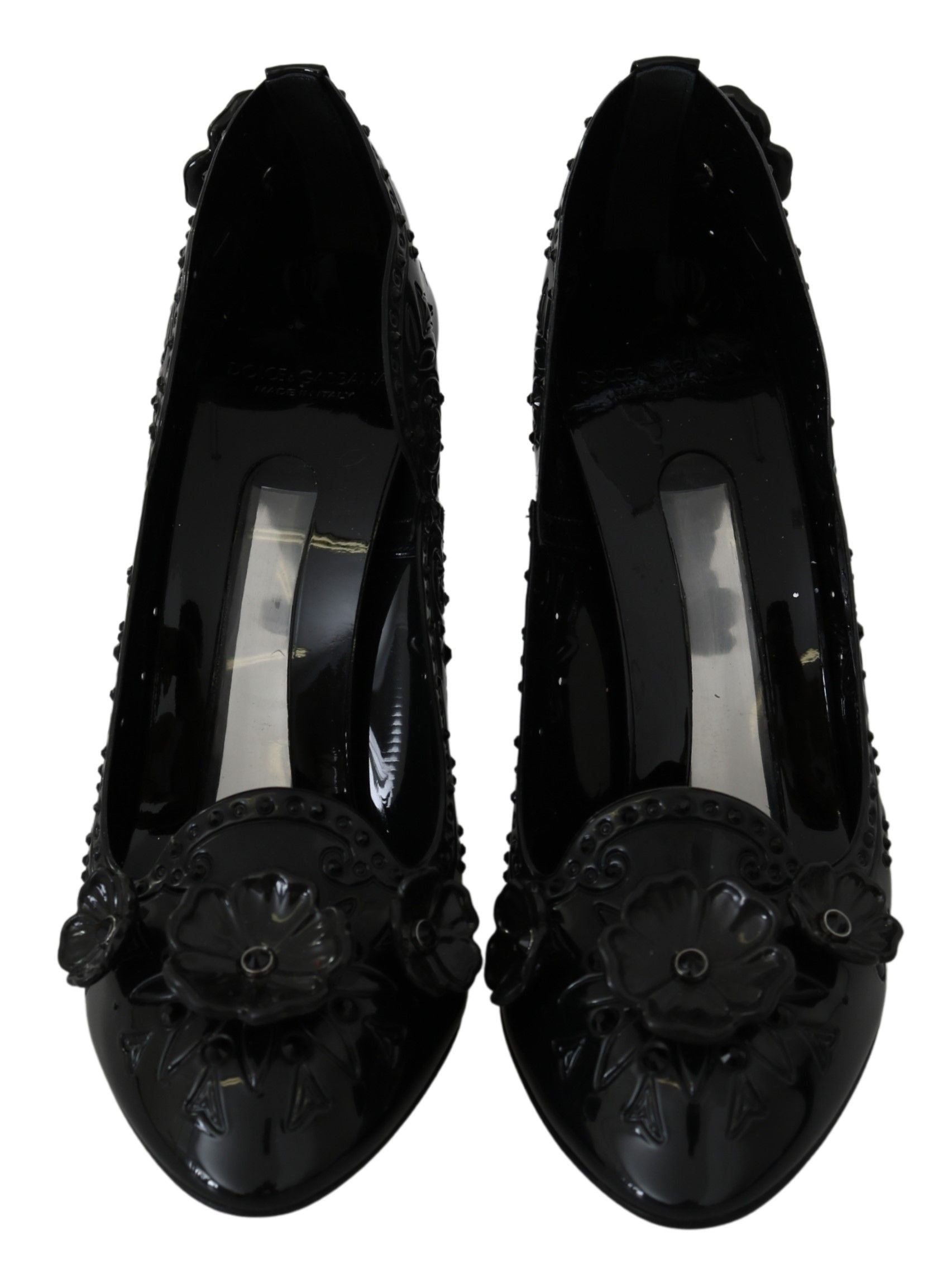 Chaussures à talons noires Dolce & Gabbana Cinderella avec motifs floraux et cristaux, élégantes et sophistiquées.