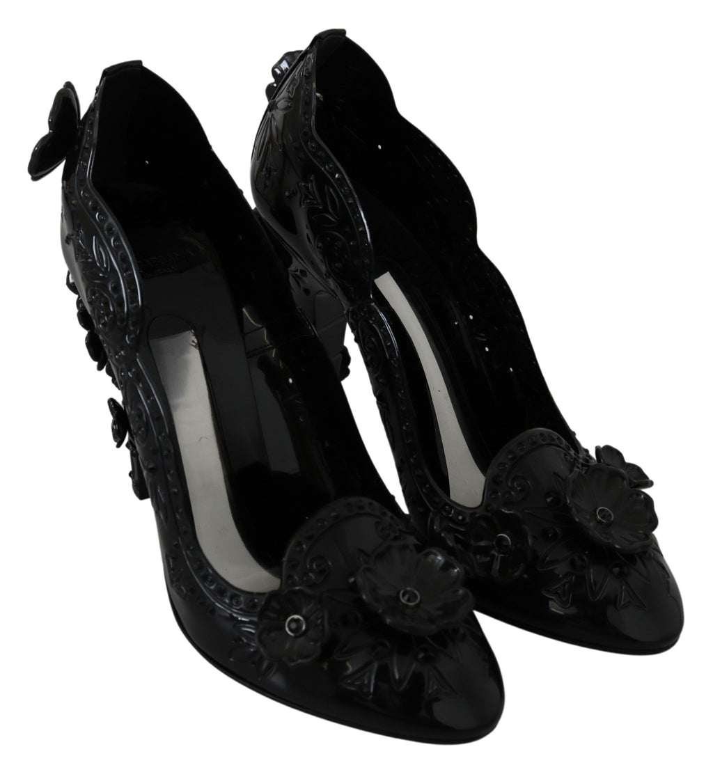 Escarpins Dolce & Gabbana noirs à fleurs avec cristaux, style élégant et sophistiqué.