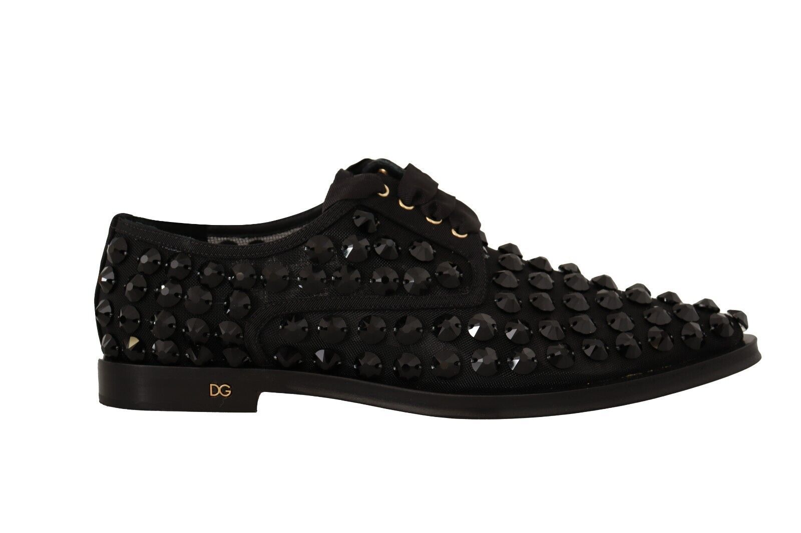 Chaussures plates noires Dolce & Gabbana en dentelle avec clous, style formel et élégant, vue de dessus.