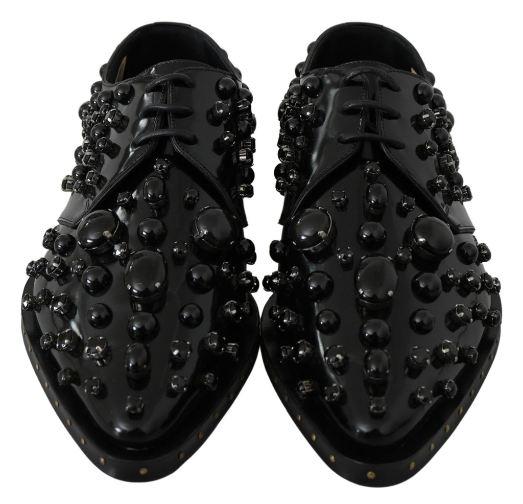 Chaussures brogue en cuir noir Dolce & Gabbana avec cristaux, élégantes et sophistiquées.