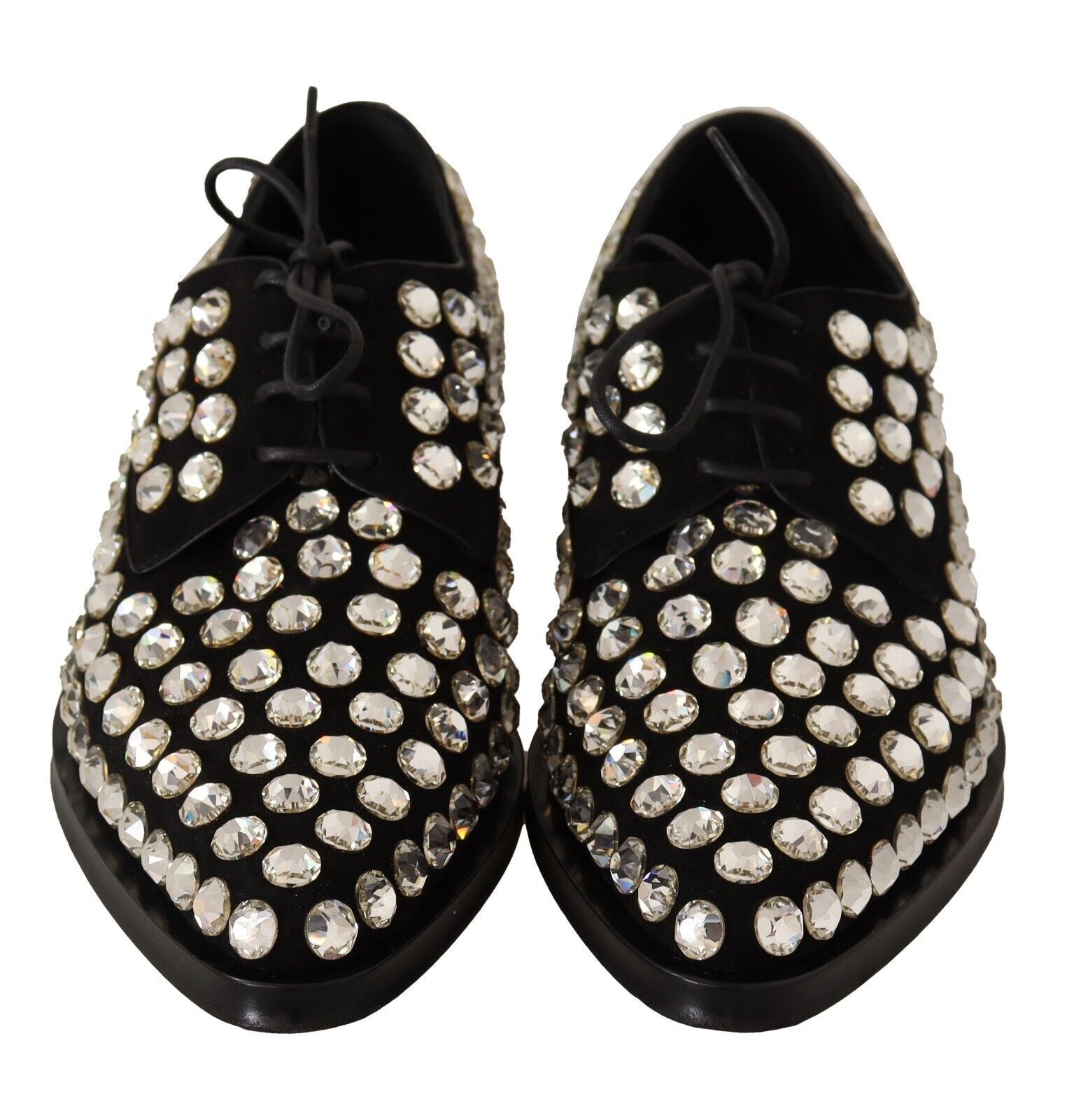 Chaussures formelles en cuir noir avec cristaux et lacets de la marque Dolce & Gabbana, visibles sur l'image.