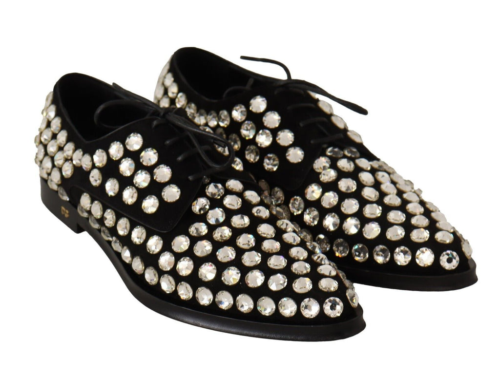 Chaussures formelles en cuir noir Dolce & Gabbana avec cristaux et lacets, élégantes et sophistiquées.