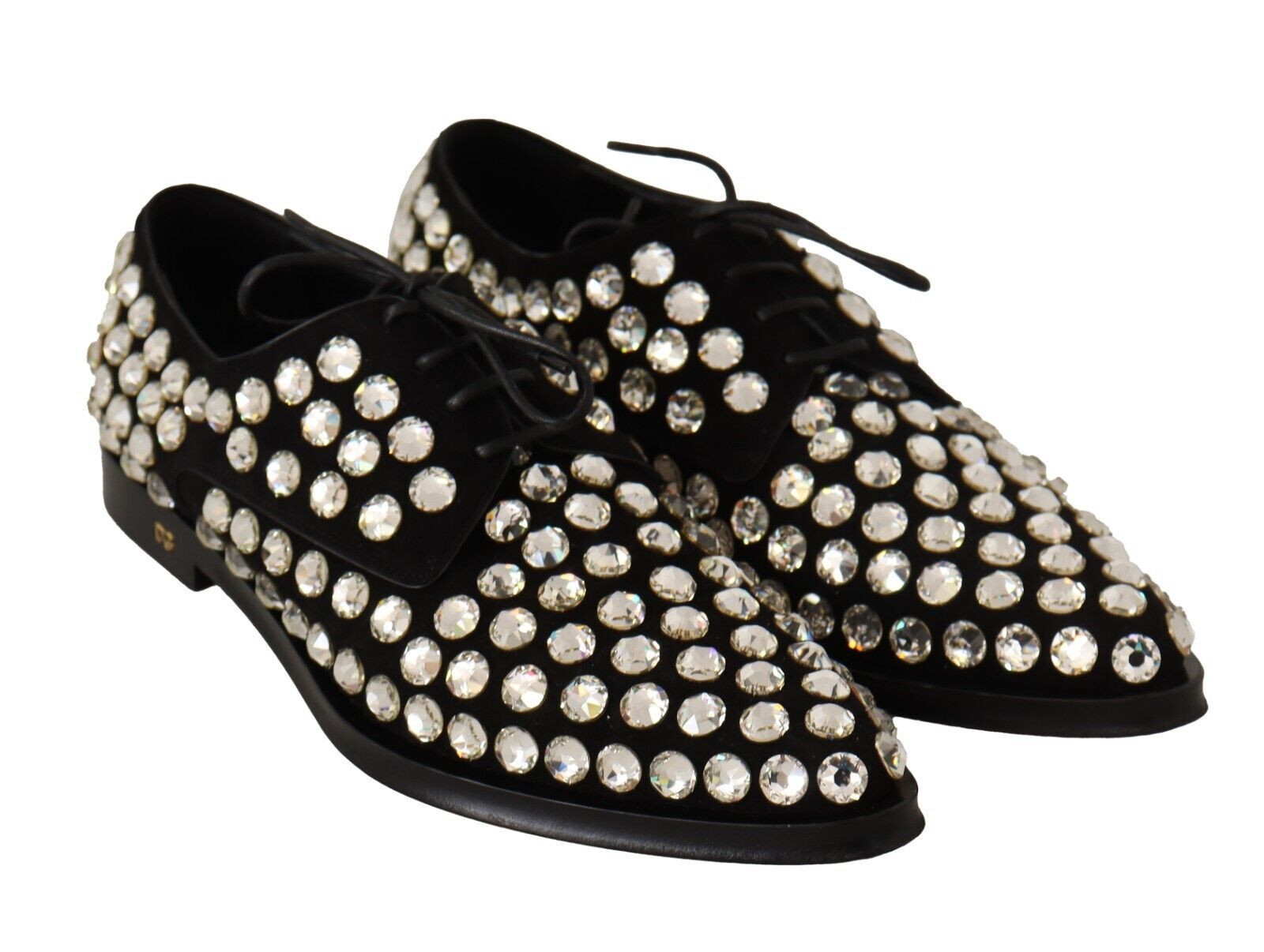 Chaussures formelles en cuir noir Dolce & Gabbana avec cristaux et lacets, élégantes et sophistiquées.