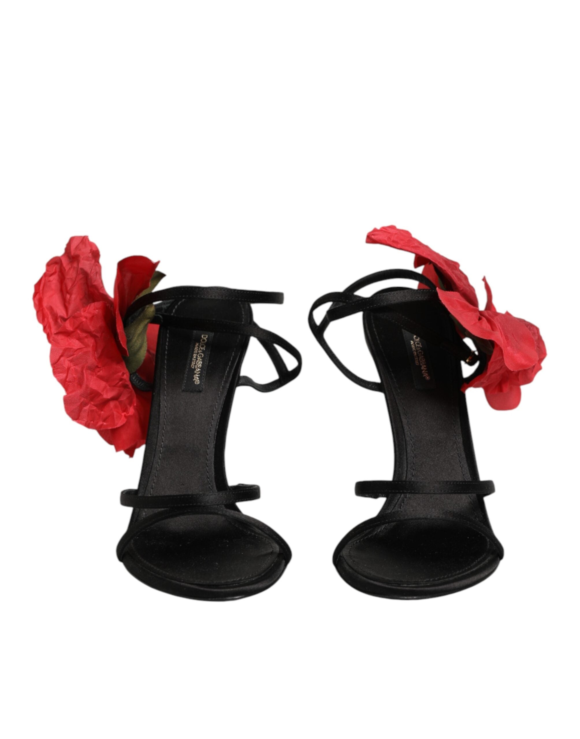 Sandales à talons noires Dolce & Gabbana en cuir avec lanières et motifs floraux, vues de côté.
