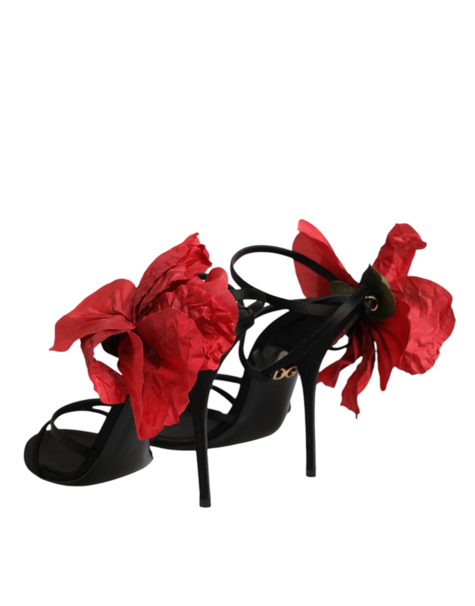 Sandales à talons noires Dolce & Gabbana en cuir avec lanières et détails floraux, vue de côté.