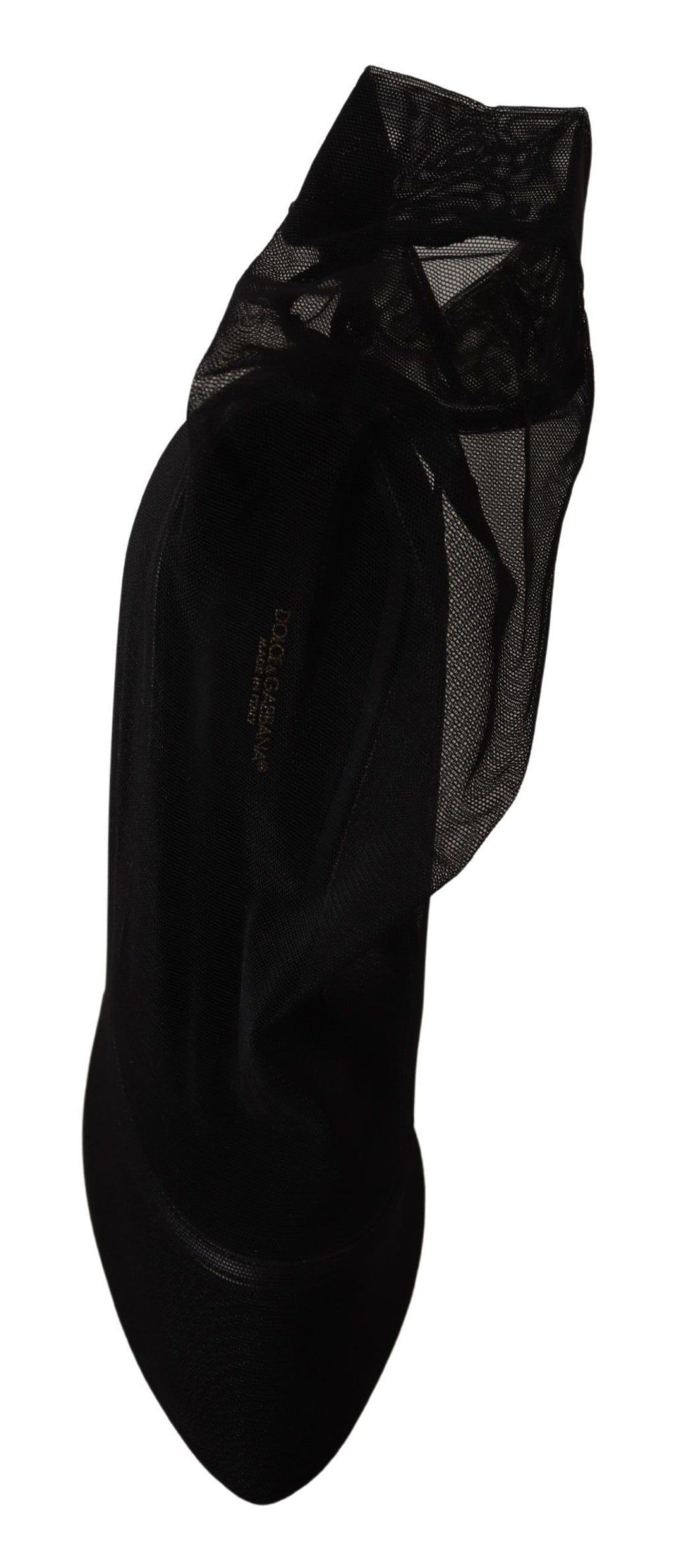 Bottes noires en tulle extensible de Dolce & Gabbana, style élégant et sophistiqué, chaussures à talons pour femme.