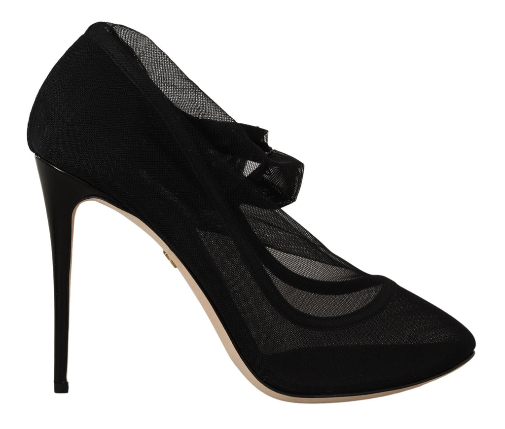 Bottes noires en tulle extensible de Dolce & Gabbana, chaussures élégantes avec finition ajustée et semelle en caoutchouc.