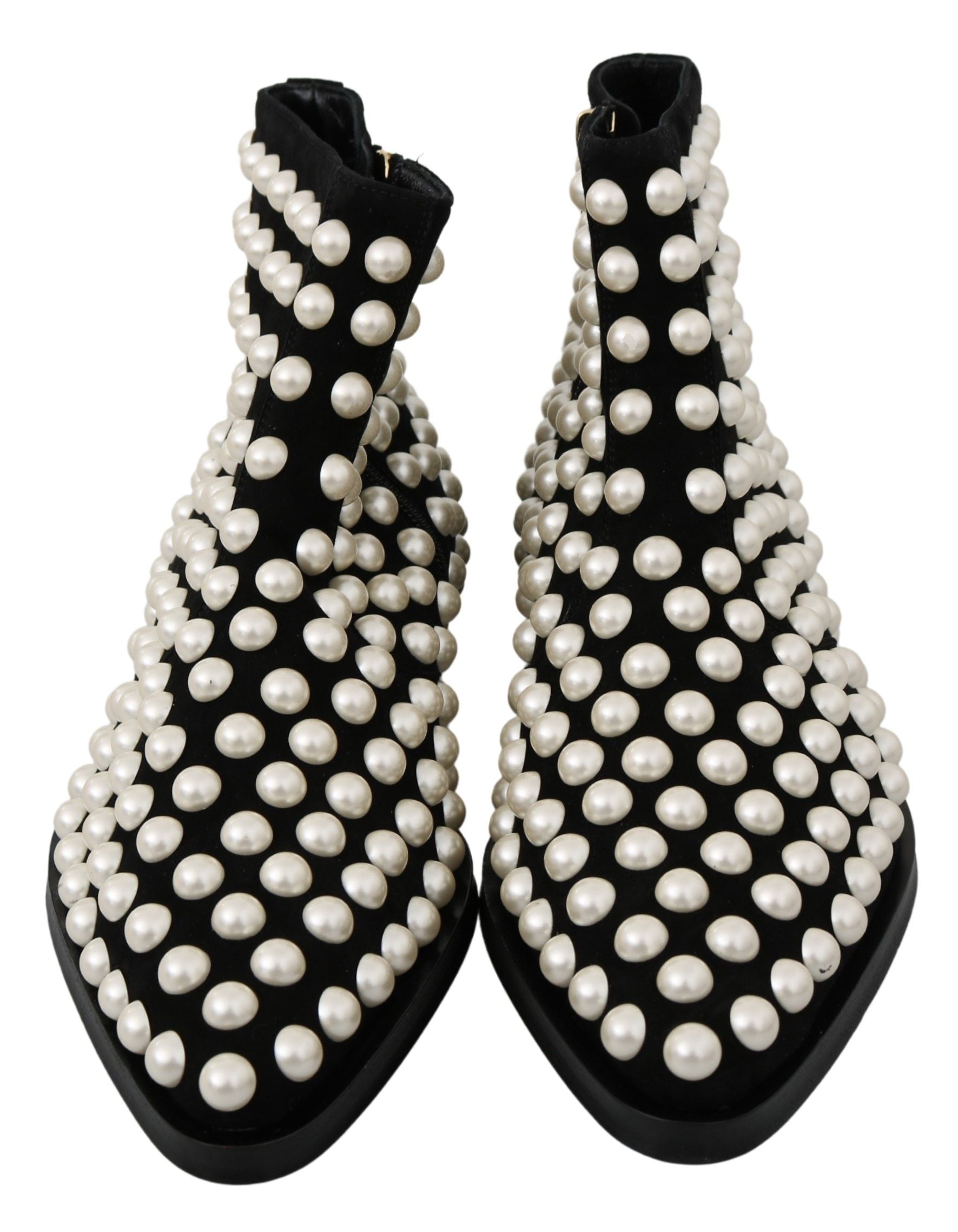 Bottes noires en daim Dolce & Gabbana avec perles, chaussures élégantes pour femme.