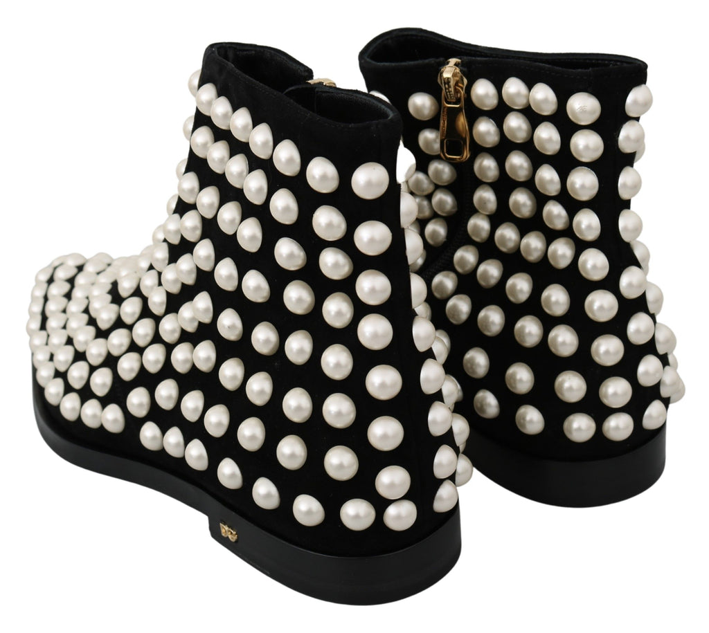 Bottes en daim noir Dolce & Gabbana avec perles, chaussures élégantes et tendance pour femme.