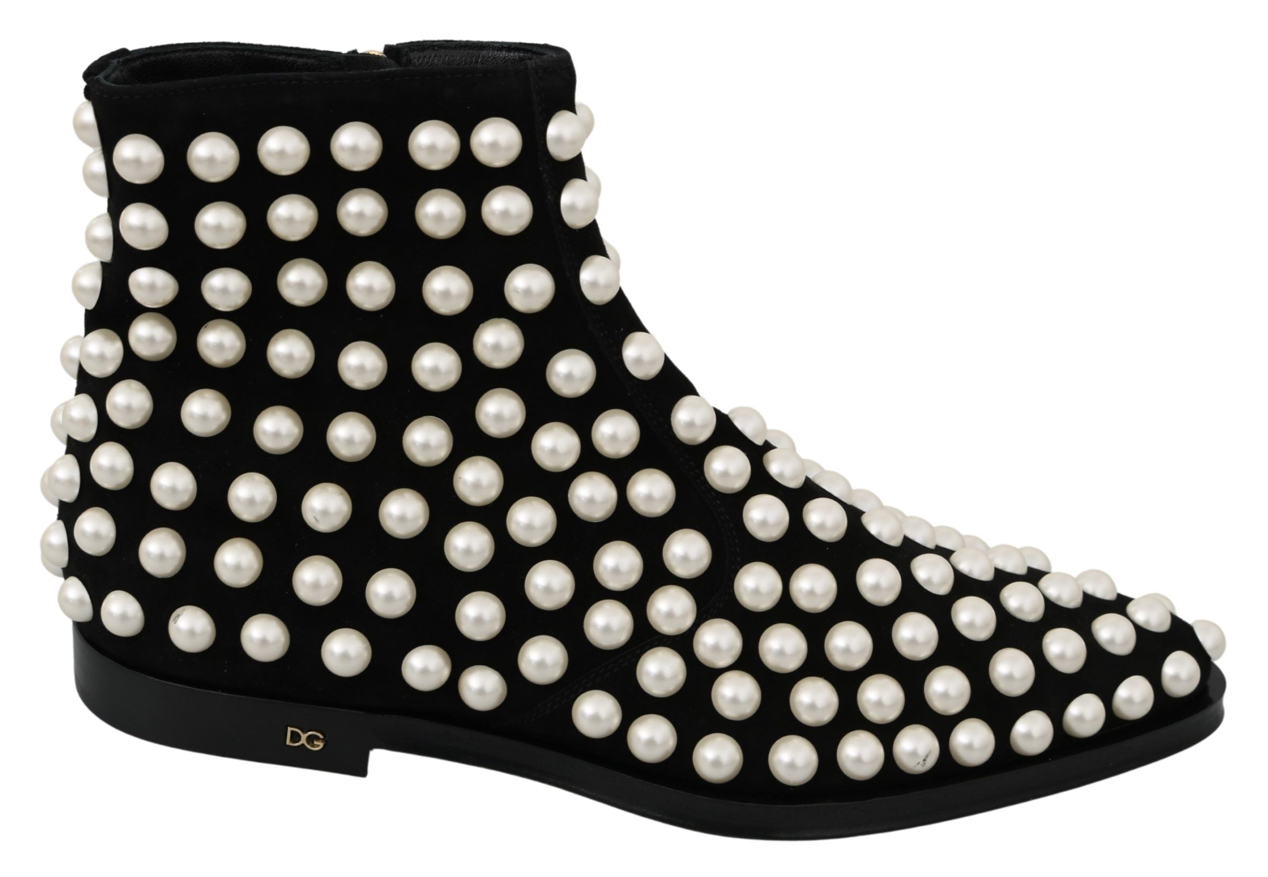 Bottes noires en daim Dolce & Gabbana avec perles, chaussures élégantes et tendance pour femmes.