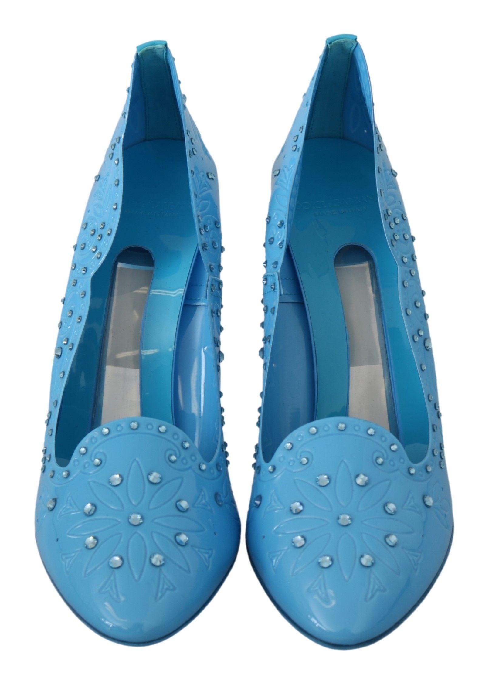 Chaussures à talons Dolce & Gabbana CINDERELLA bleues avec cristaux et motifs floraux, élégantes et sophistiquées.