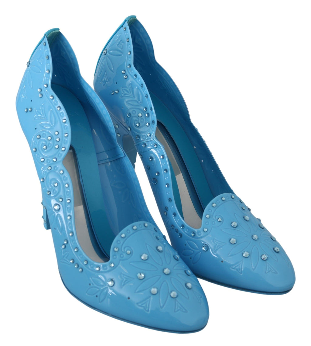 Chaussures à talons Dolce & Gabbana CINDERELLA bleues avec cristaux en motif floral, élégantes et sophistiquées.