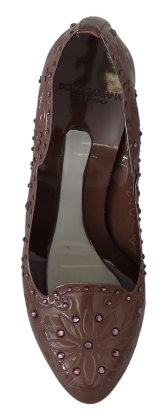 Chaussures à talons Dolce & Gabbana Cinderella marron avec motifs floraux et cristaux, style élégant et féminin.