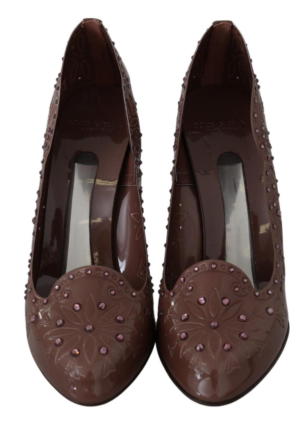 Chaussures à talons Dolce & Gabbana CINDERELLA en cuir marron avec motifs floraux et cristaux, pour femmes élégantes.