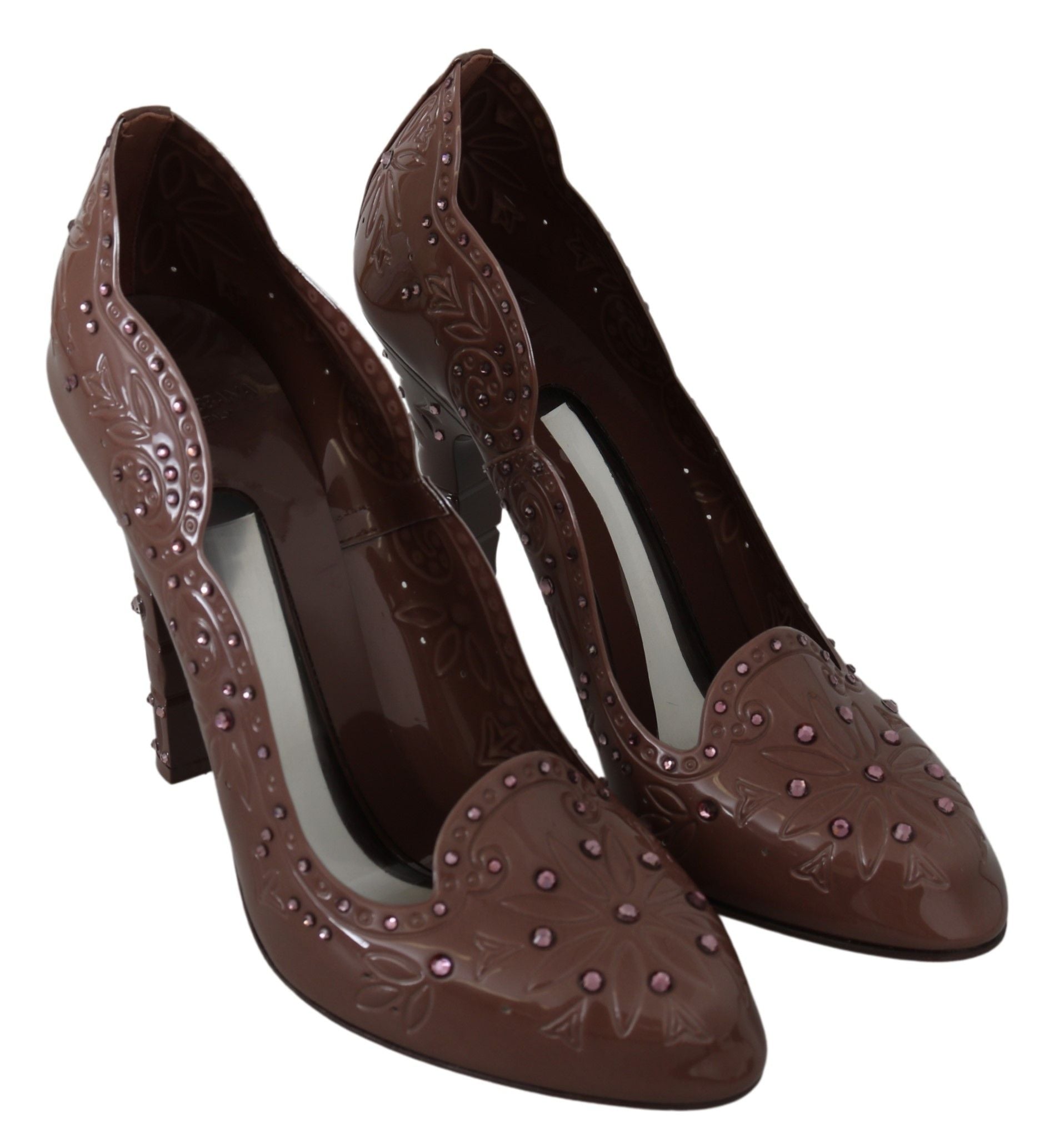 Escarpins Dolce & Gabbana CINDERELLA en cuir marron avec motifs floraux et cristaux, style élégant et féminin.