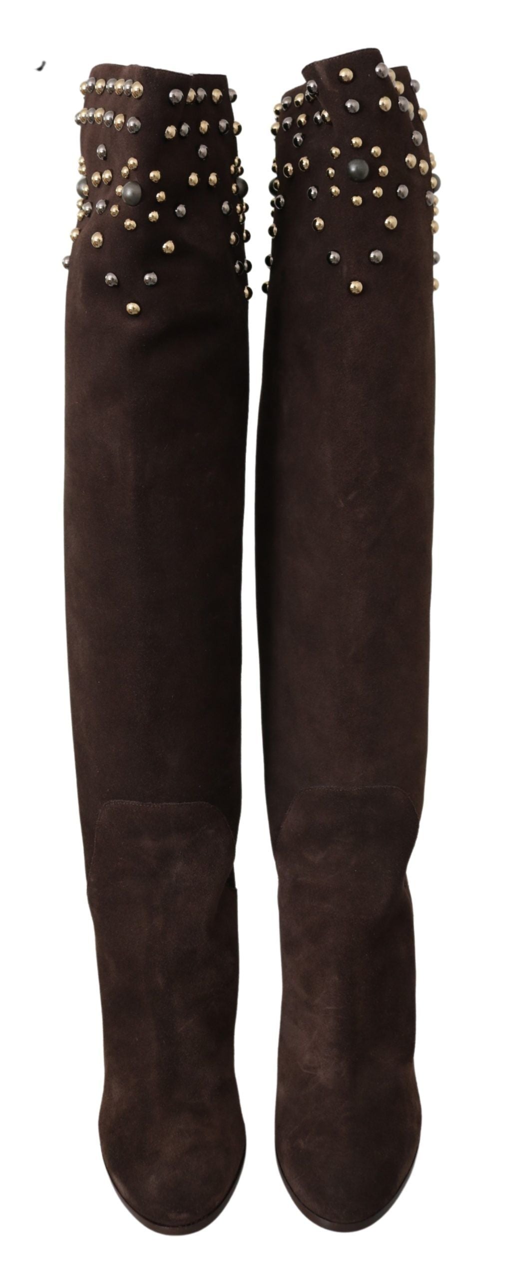 Bottes hautes en daim marron avec studs, chaussures Dolce & Gabbana, style élégant et sophistiqué.