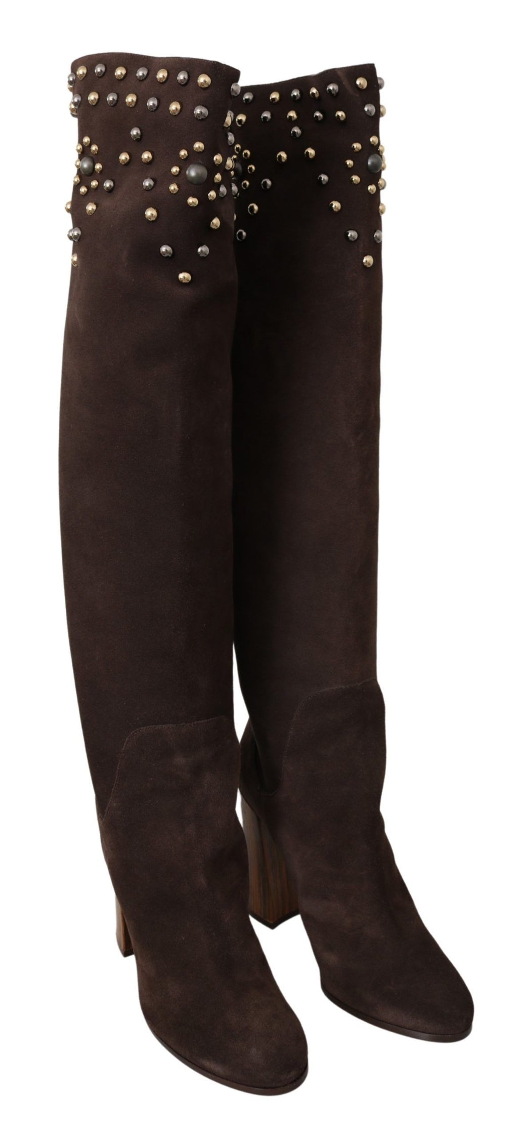 Bottes hautes en daim marron Dolce & Gabbana avec studs, style élégant et sophistiqué, chaussures de mode pour femme