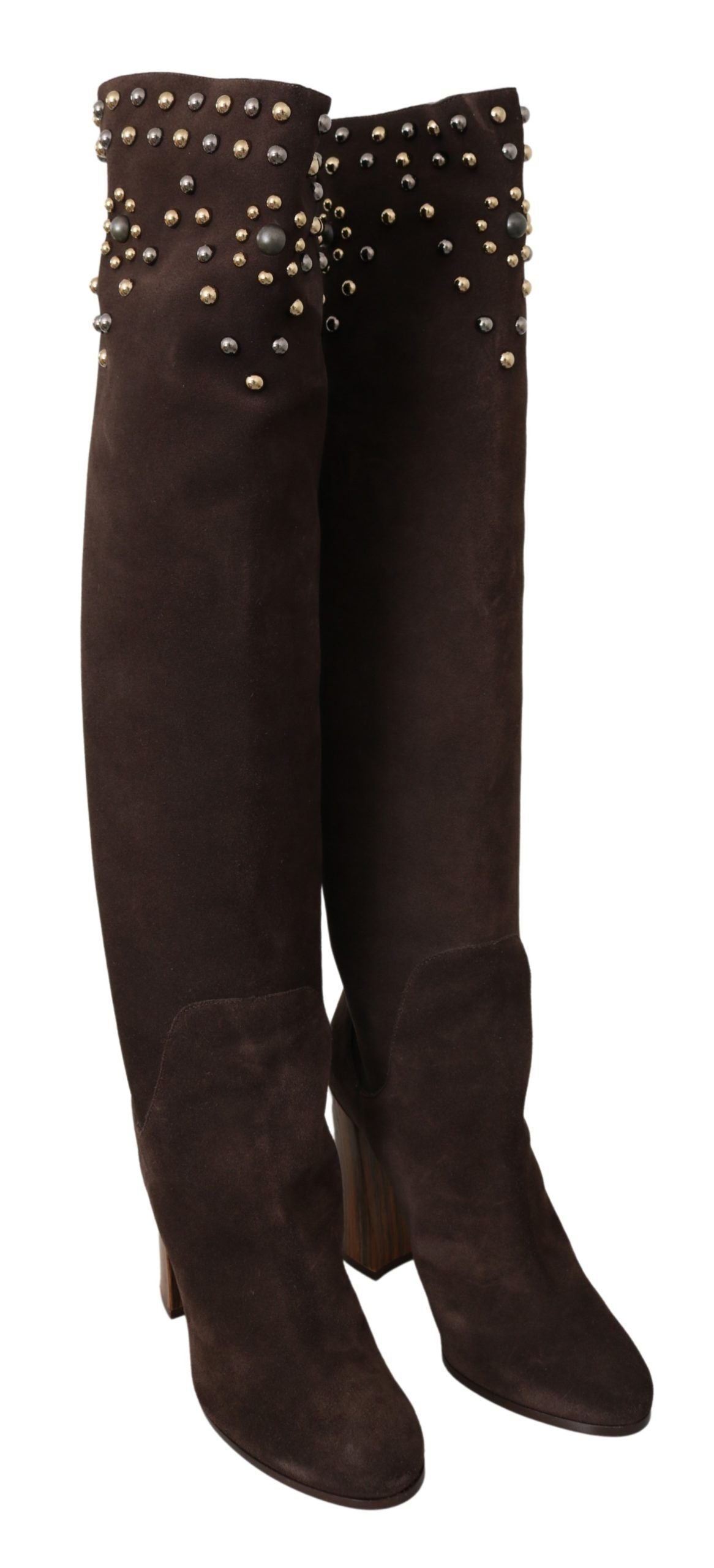 Bottes hautes en daim marron Dolce & Gabbana avec studs, style élégant et sophistiqué, chaussures de mode pour femme