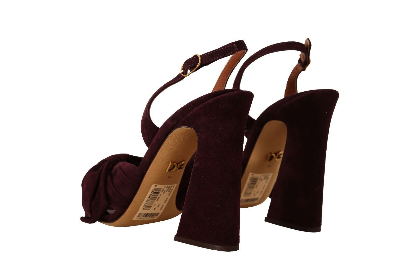 Sandales à talons Dolce & Gabbana en daim violet foncé avec bride à la cheville, vue de côté.